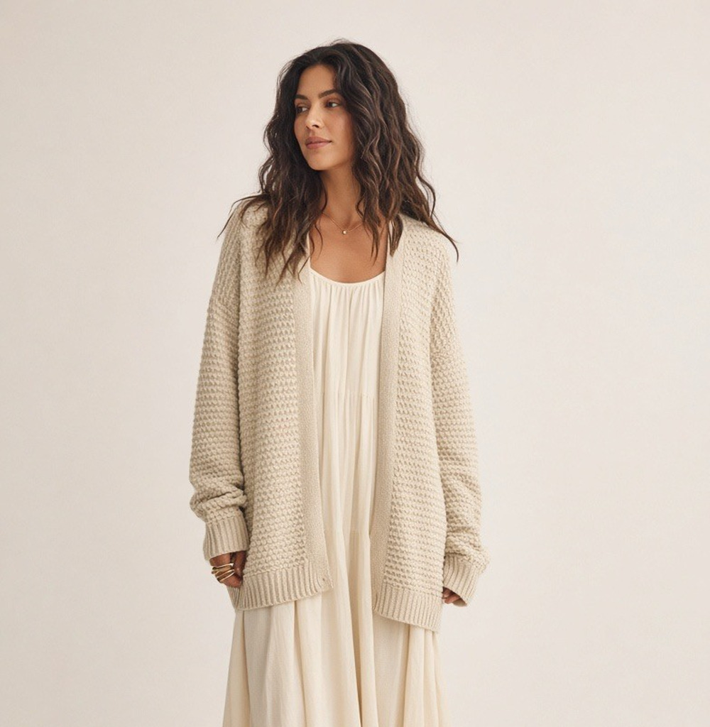 LL Bean Vintage Ivory Women's 100% Cotton Knit Open Cardigan Grandmacore Boho L